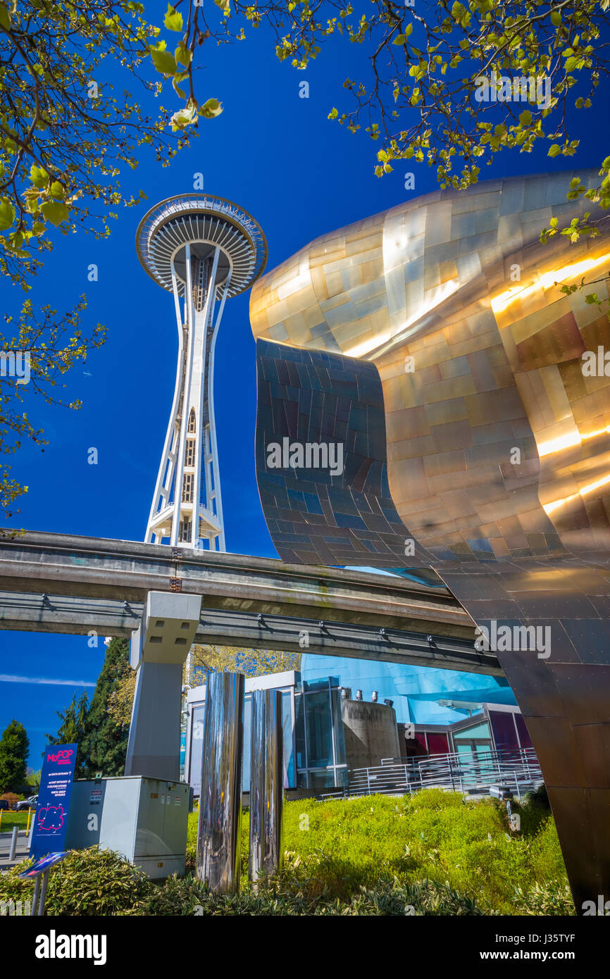 Space Needle and the Experience Music Project (EMP) building at Seattle Center. Seattle Center is a park and arts and entertainment center in Seattle Stock Photo