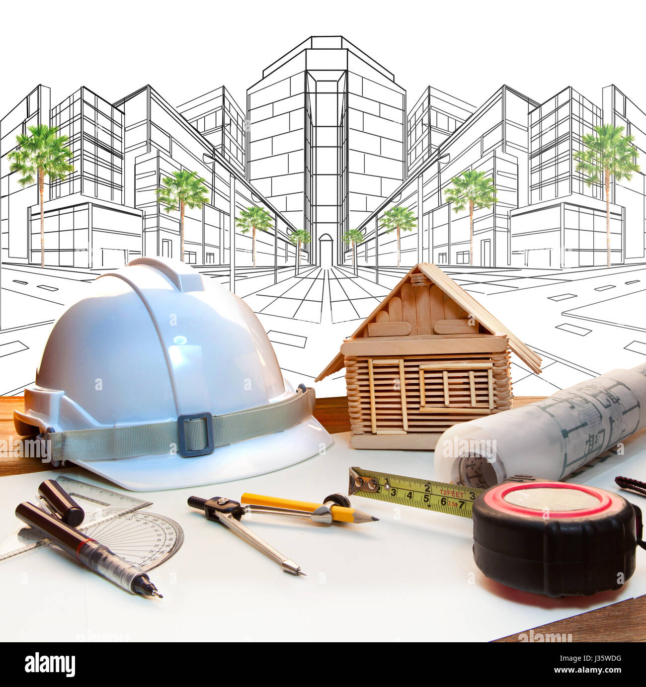 architect working table and two point perspective modern building plan use for construction engineering and real estate ,land development industry Stock Photo