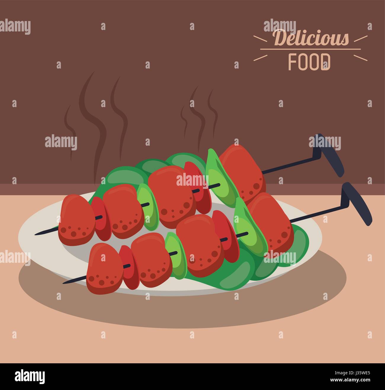 delicious food roasted meat skewers vegetables dish Stock Vector Image ...