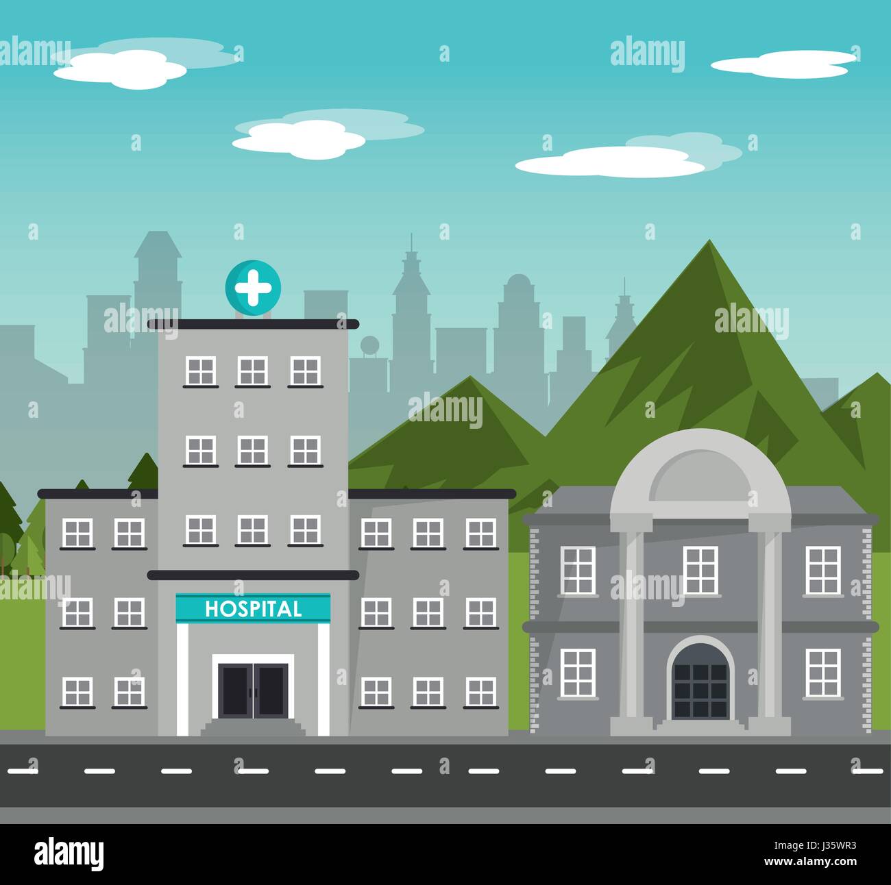 hospital bank building landscape mountains city background Stock Vector