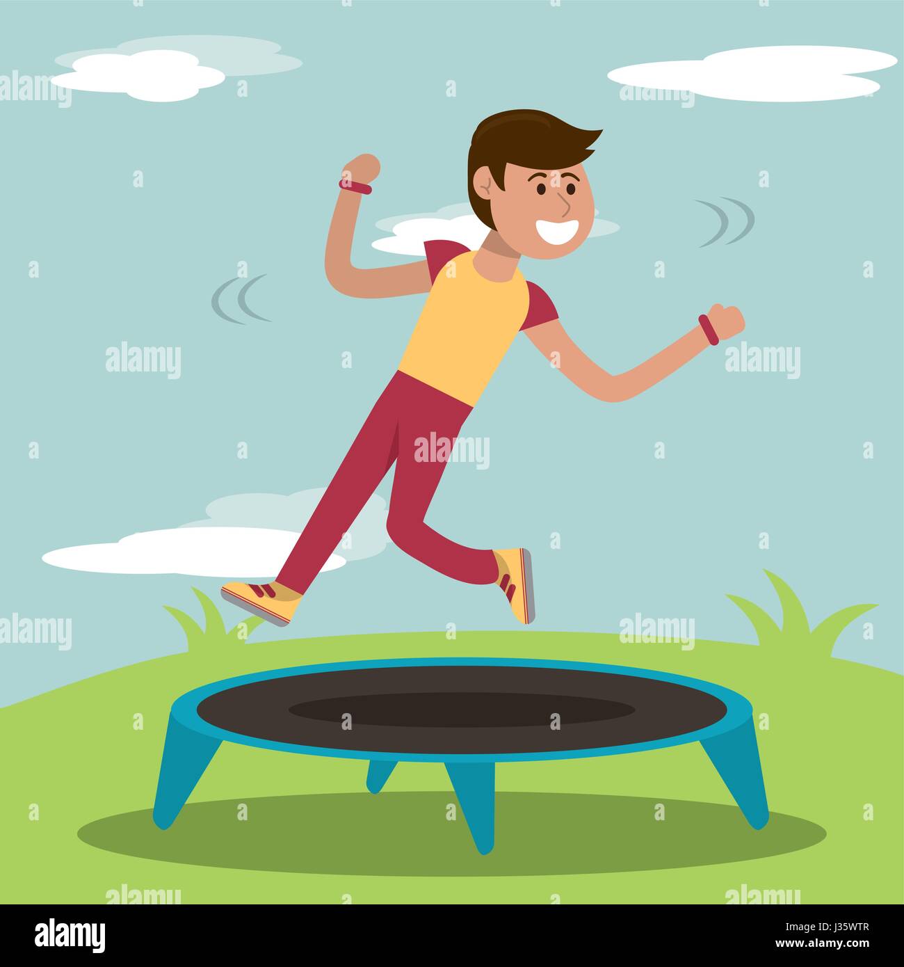 physical education boy training jumping trampoline sport Stock Vector