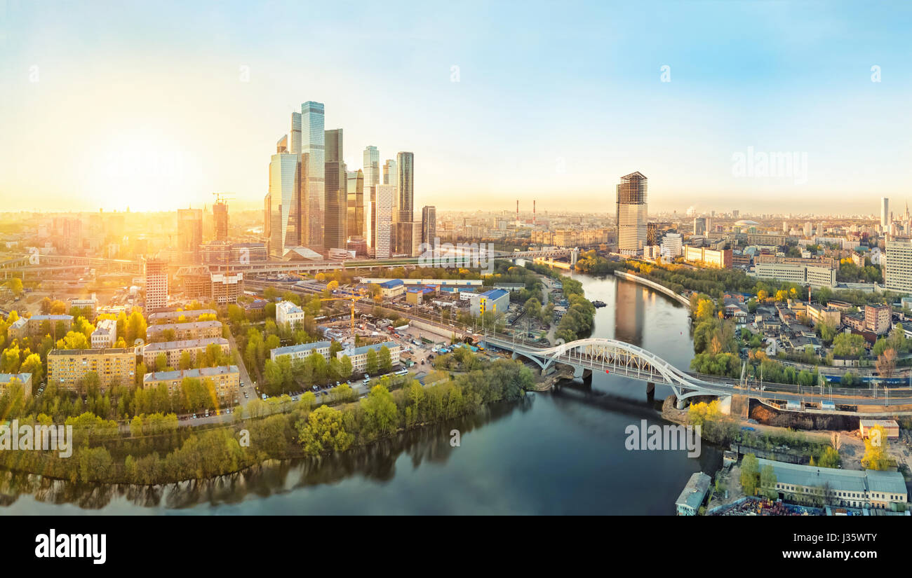 Sunrise over Moscow City district and Moscow river Stock Photo