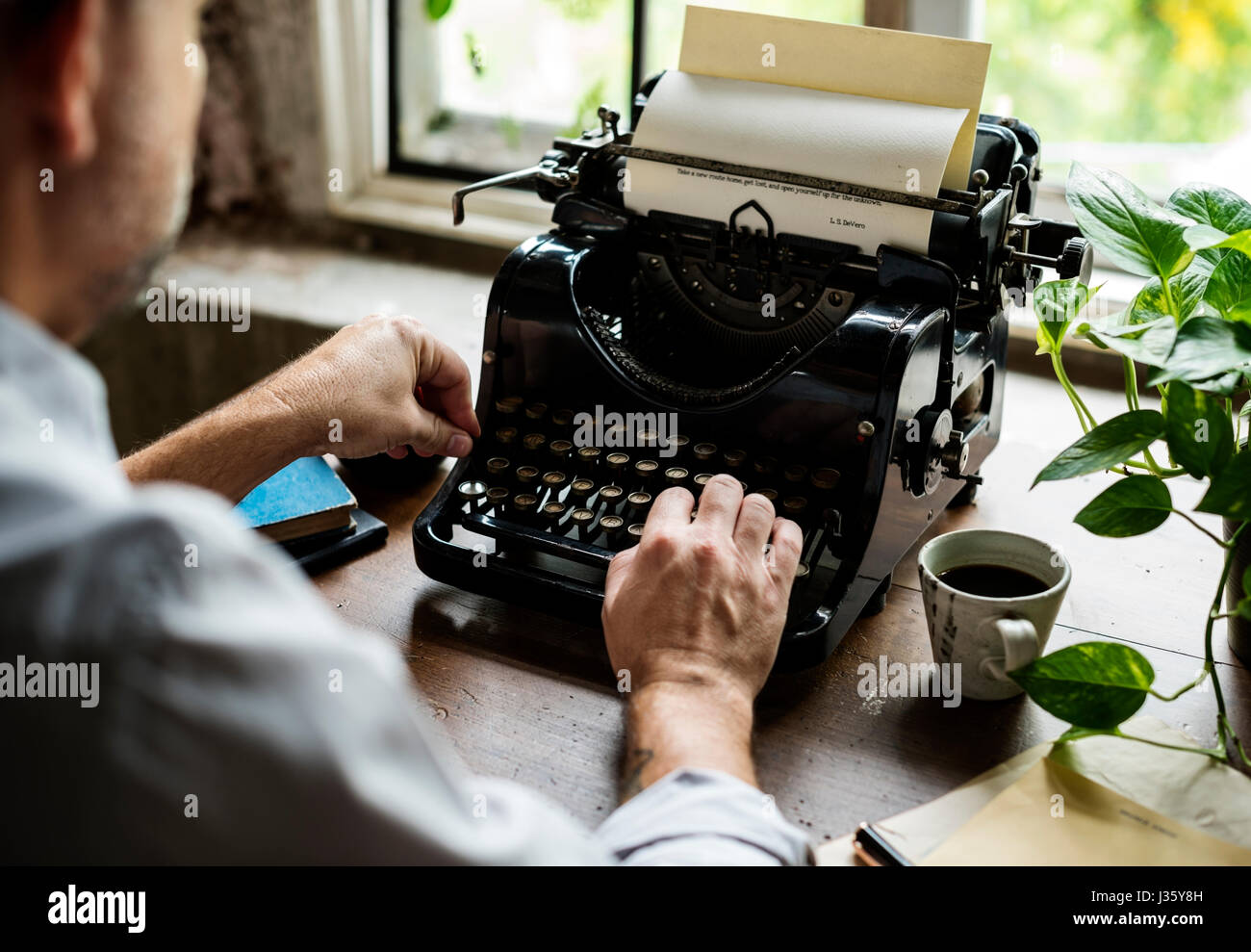 Man Using Typing Retro Typewriter Machine Work Writer Stock Photo Alamy