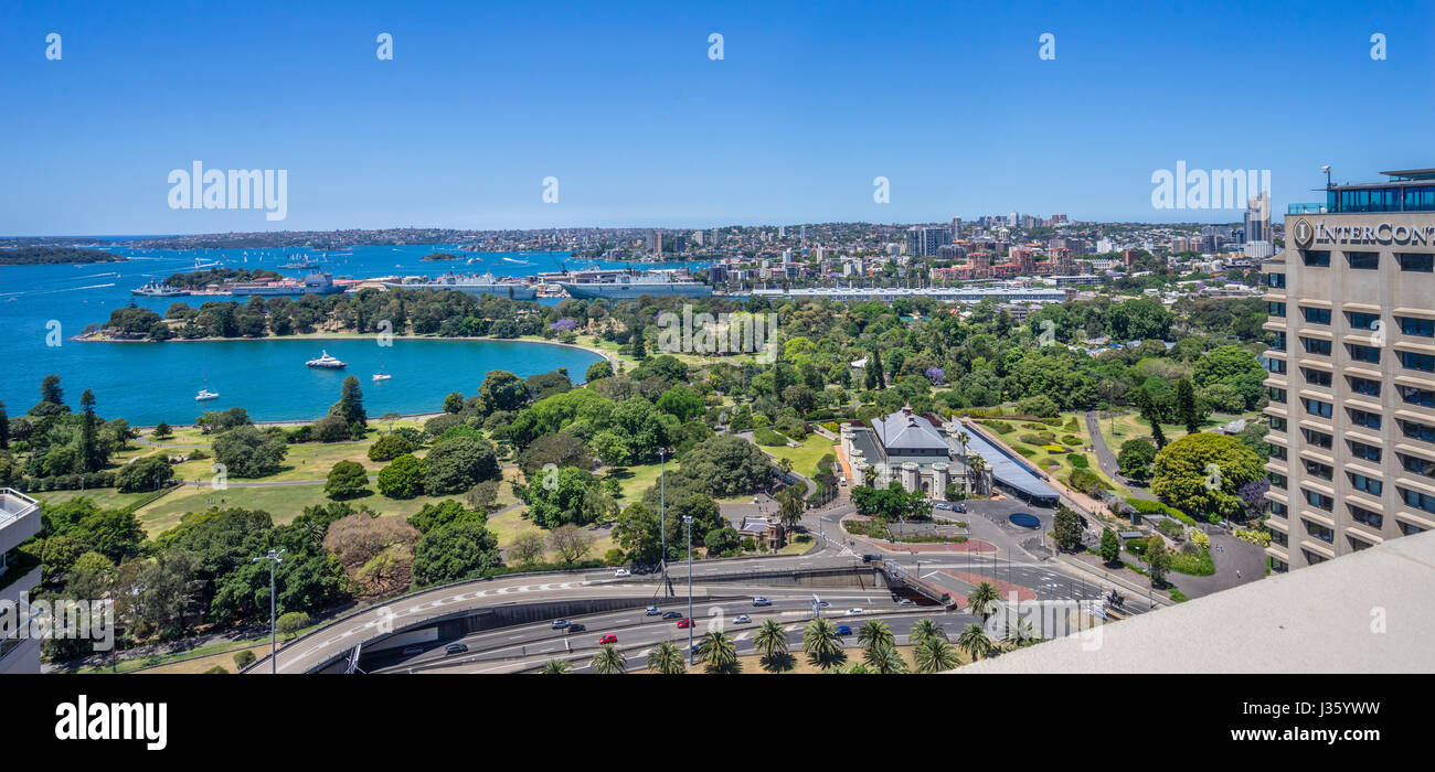Australia, New South Wales, Sydney, aerial view of the Macquarie Precinct of the Royal Botanic Gardens, the Sydney Conservatorium of Music, the Cahill Stock Photo