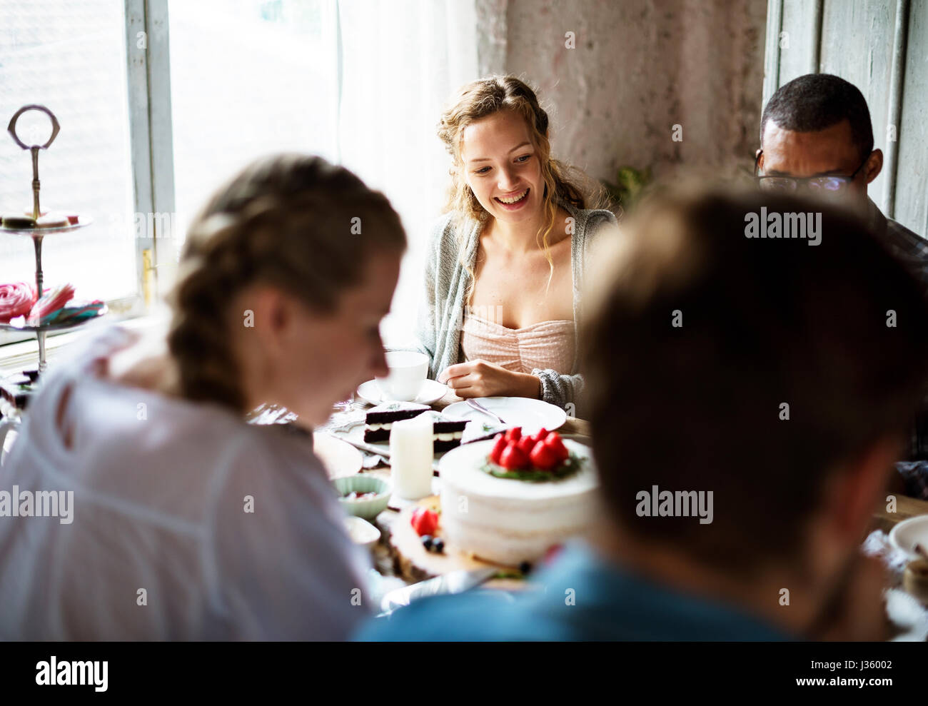 Friends Gathering Together on Tea Party Eating Cakes Enjoyment ...