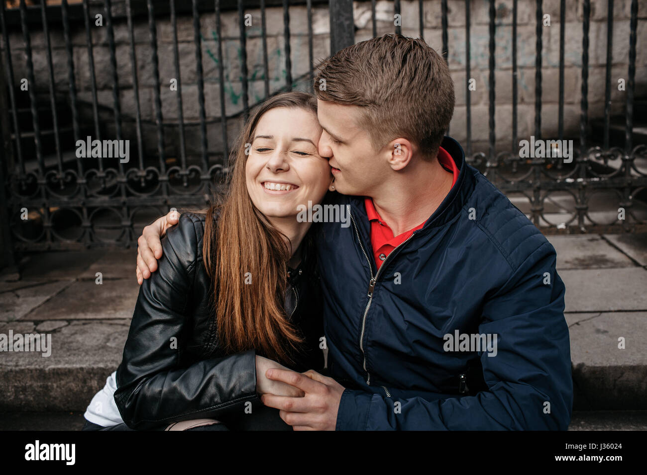 A happy girlfriend and a boyfriend dating in the city Stock Photo