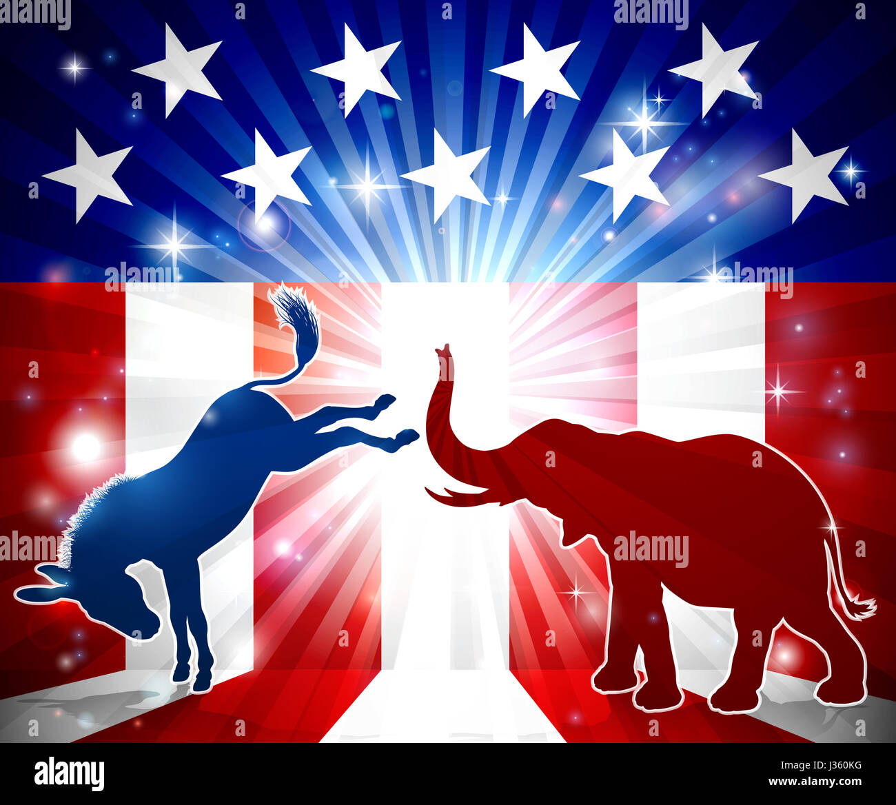 A silhouette donkey and an elephant with an American flag in the background democrat and republican political mascot animals Stock Photo