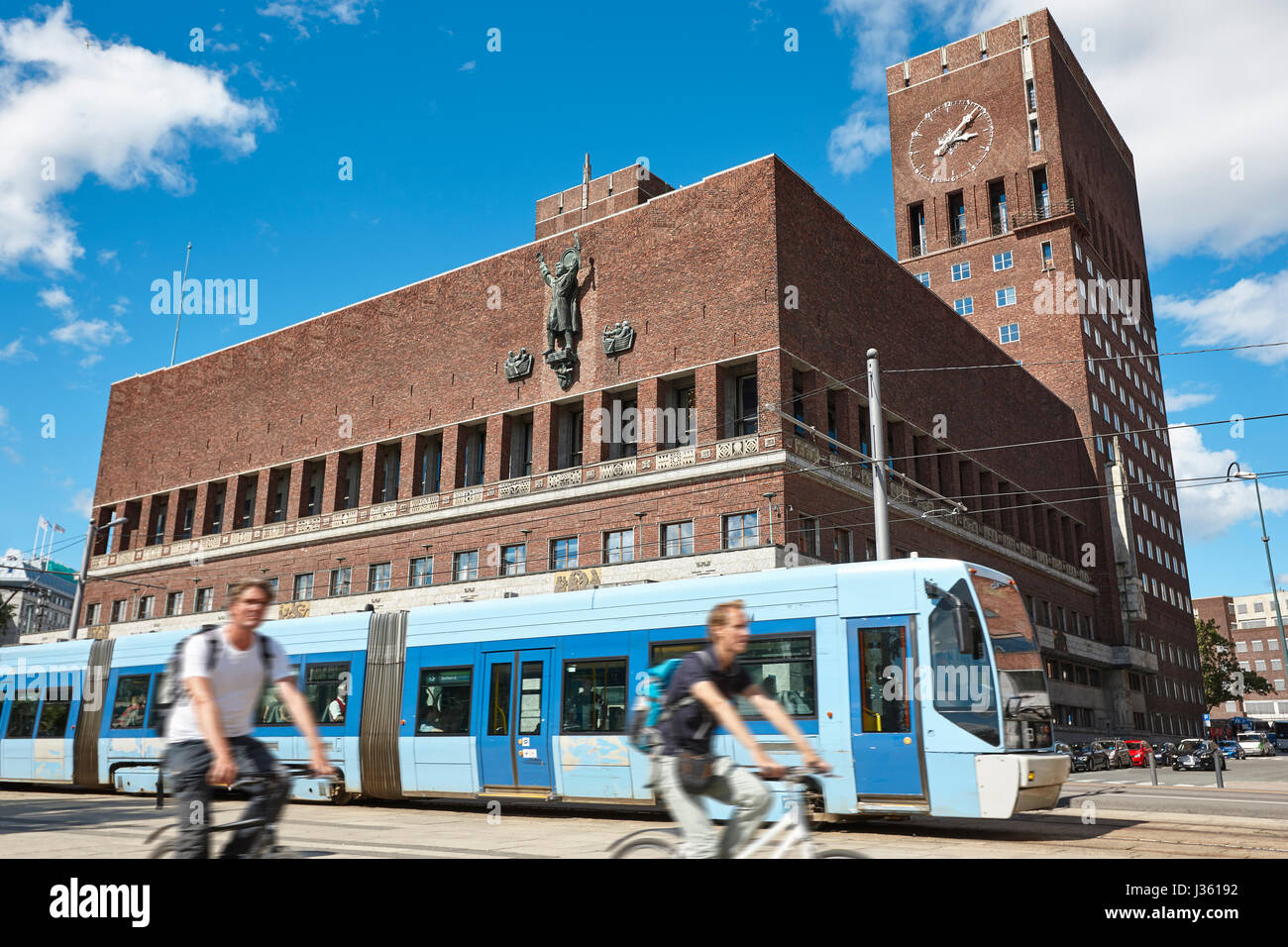 Oslo city center with town hall, tramway and bikes. Norway. Horizontal Stock Photo