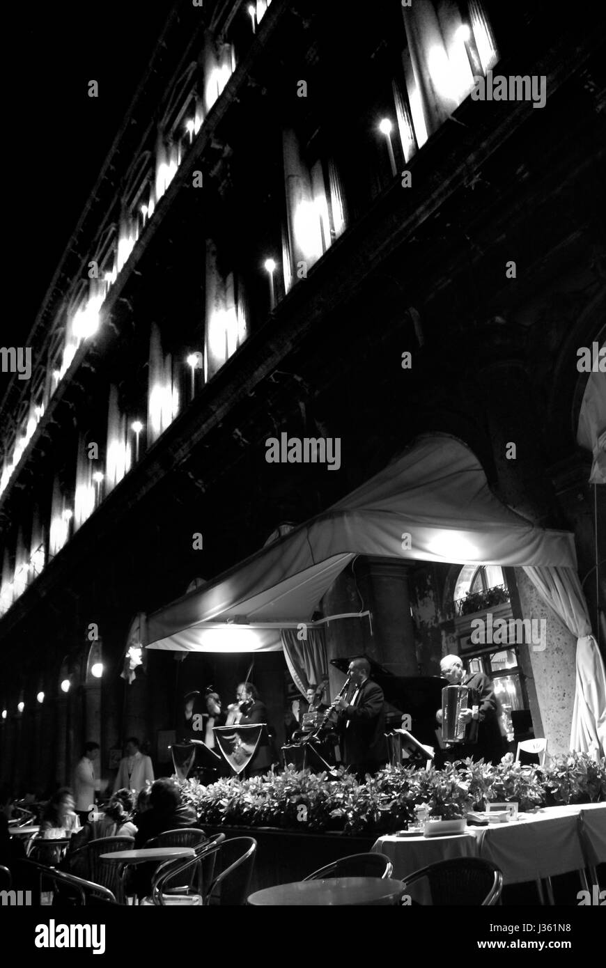 Musicians at Cafe Florian at St Mark's Square in Venice. Stock Photo