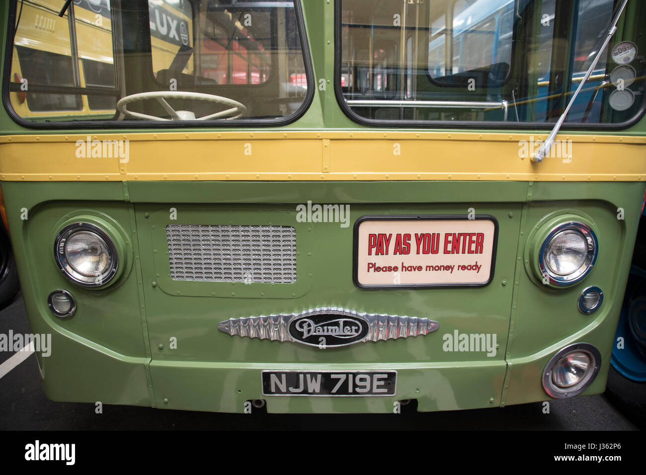 Open day at Wythall Transport Museum on May 1st 2017 in Wythall, England, United Kingdom. The Transport Museum, Wythall is a transport museum just outside Birmingham, at Wythall, Worcestershire.The museum is run by the charity The Birmingham and Midland Motor Omnibus Trust (BaMMOT). The museum has three halls, presenting a significant collection of preserved buses and coaches, including Midland Red and Birmingham City Transport vehicles. It is also home to the Elmdon Model Engineering Society (EMES) who operate the Wythall miniature railway within the grounds of the transport museum, giving ri Stock Photo