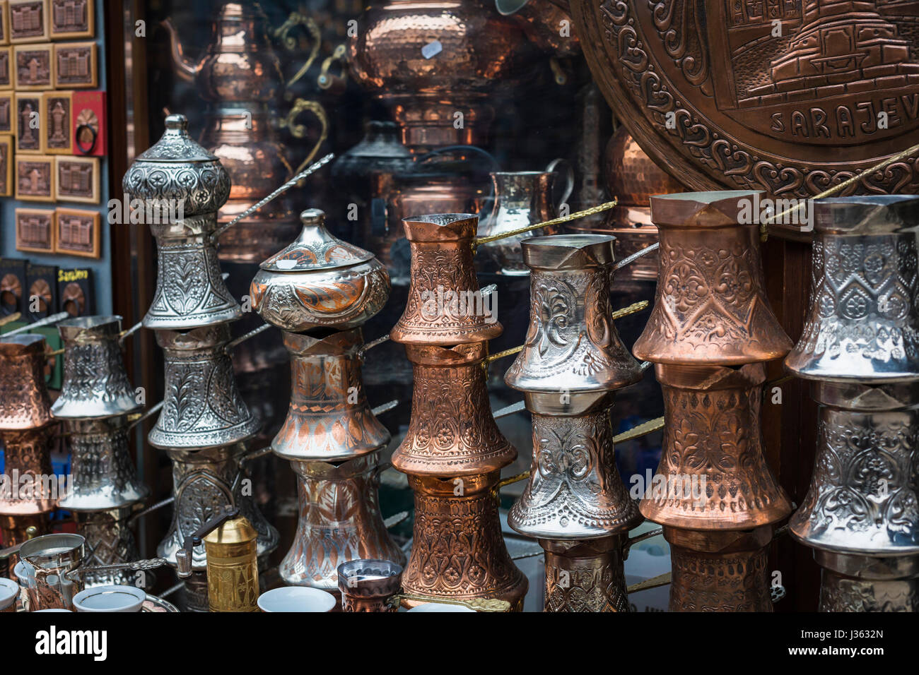 Copper product as souvenir for visitors and tourists in Old Town Sarajevo. Bosnia and Herzegovina. Stock Photo