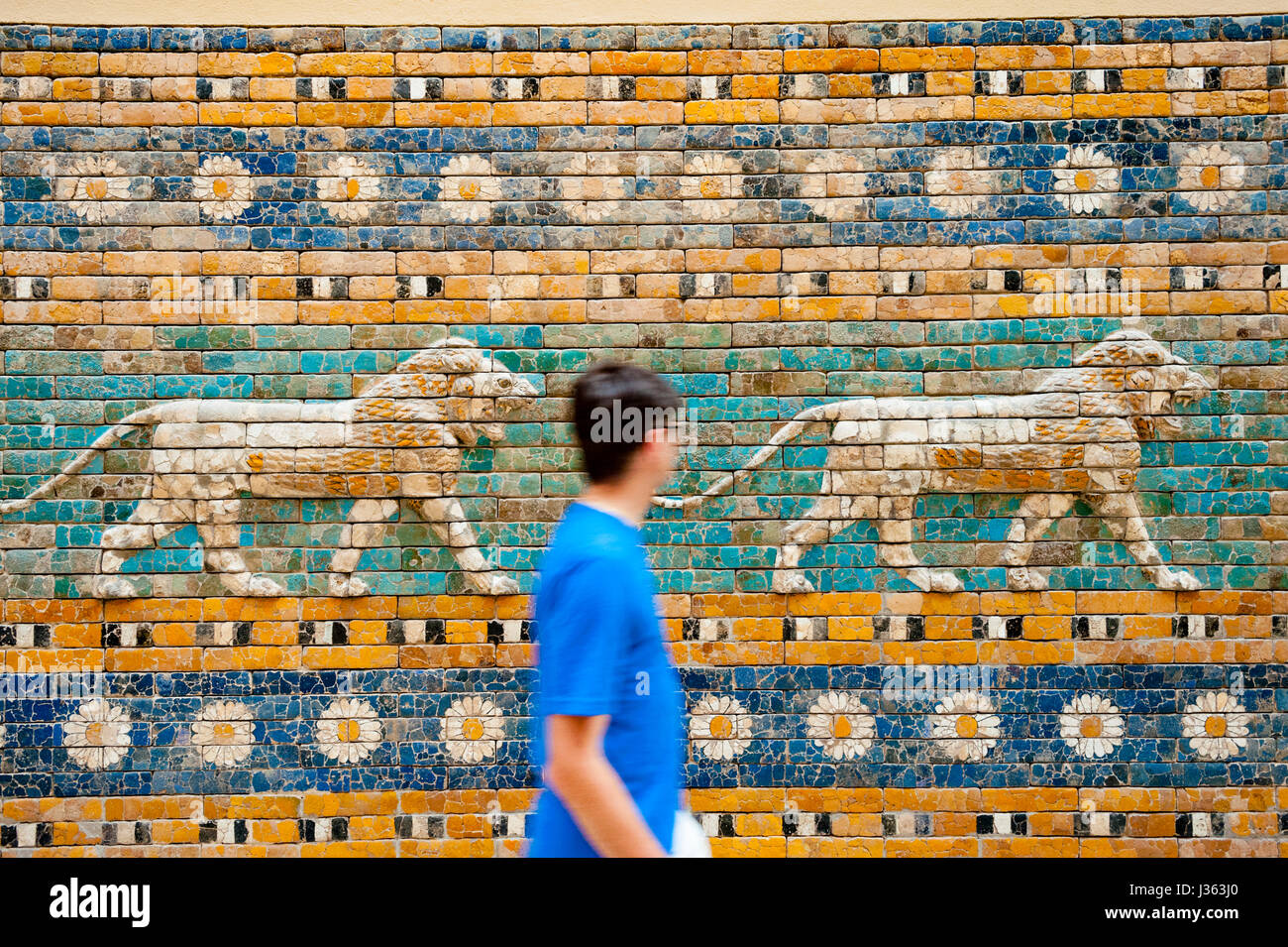 Ceramic tiles showing lions on Processional Way at Ishtar Gate in Pergamon Museum, Museumsinsel, Berlin, Germany Stock Photo