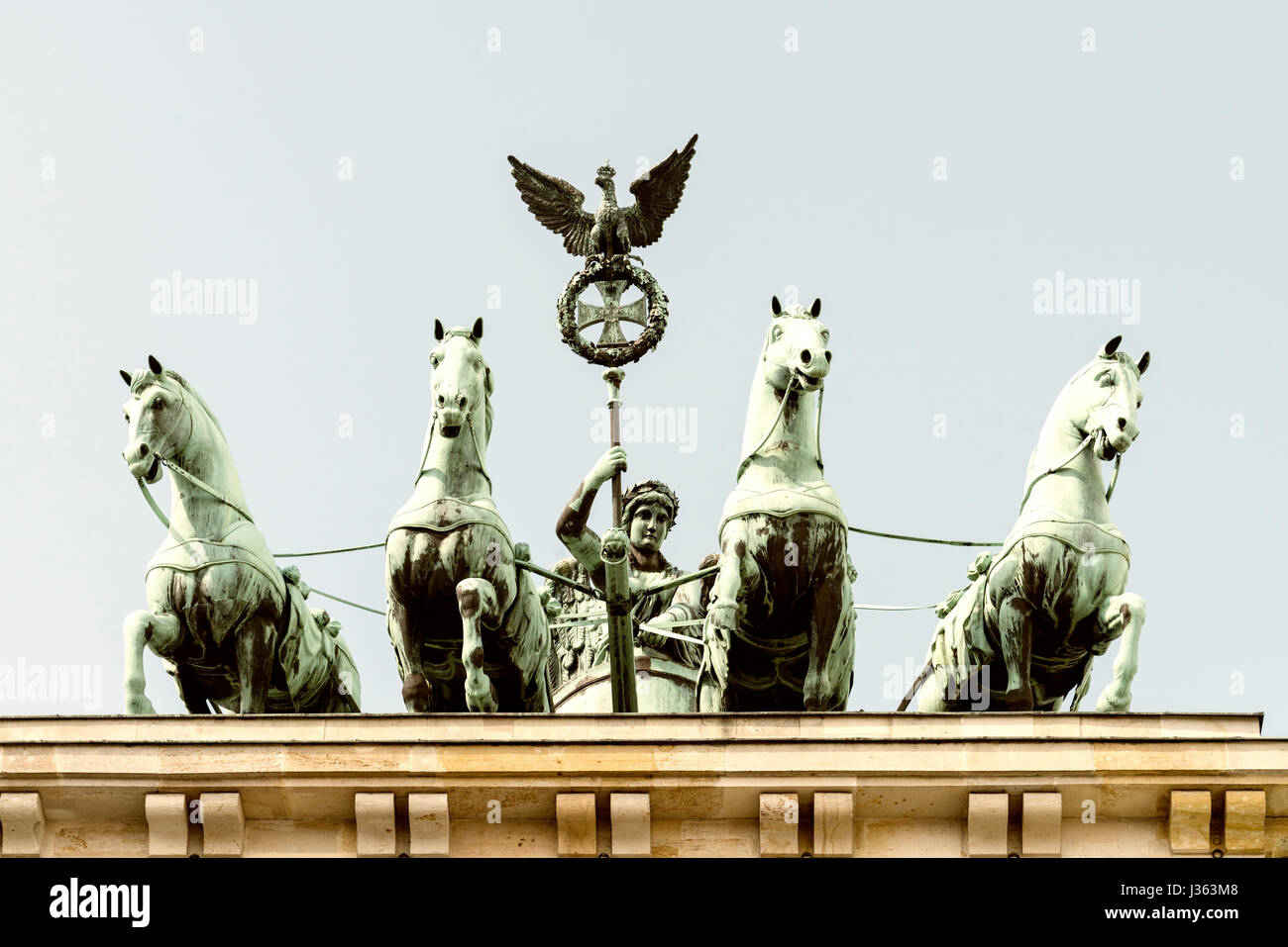 Detail of Quadriga statue on top of Brandenburg Gate in Berlin, Germany Stock Photo