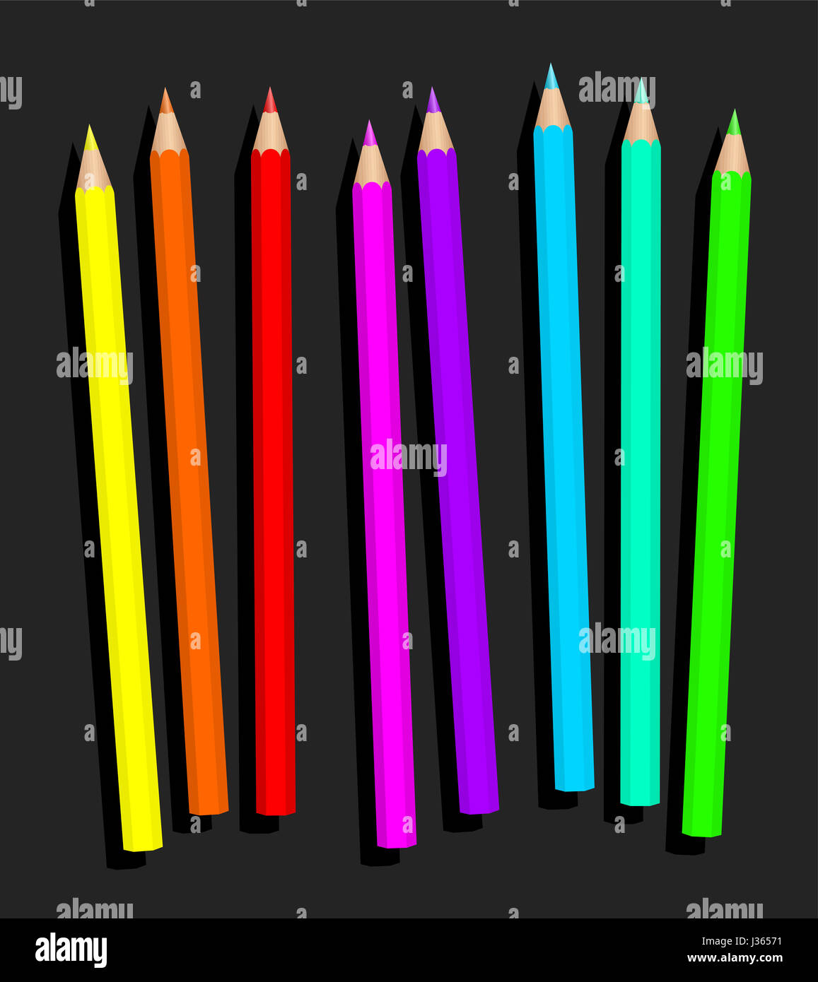 Neon pencil set, loosely arranged - fluorescent crayons for dynamically and glary colored drawings - isolated illustration on gray background. Stock Photo