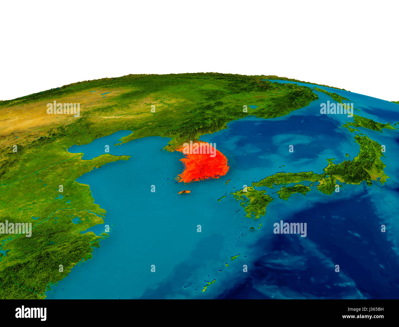 South Korea highlighted in red on detailed model of planet Earth. 3D ...