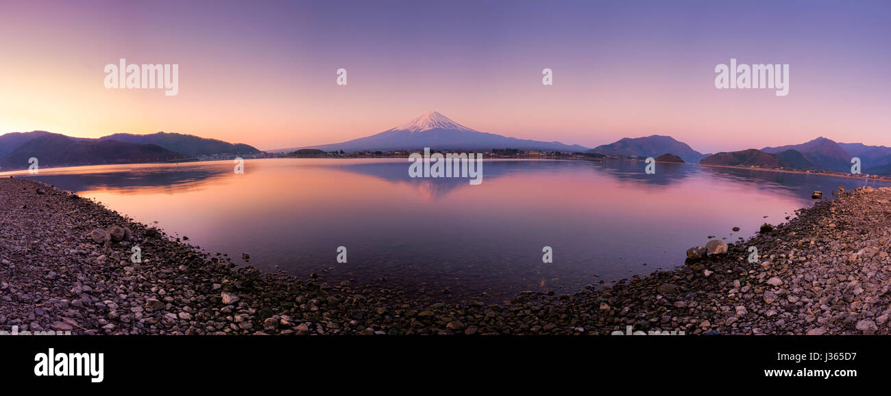 Panorama of mountain fuji with reflection in lake kawaguchi japan at sunrise time. Stock Photo