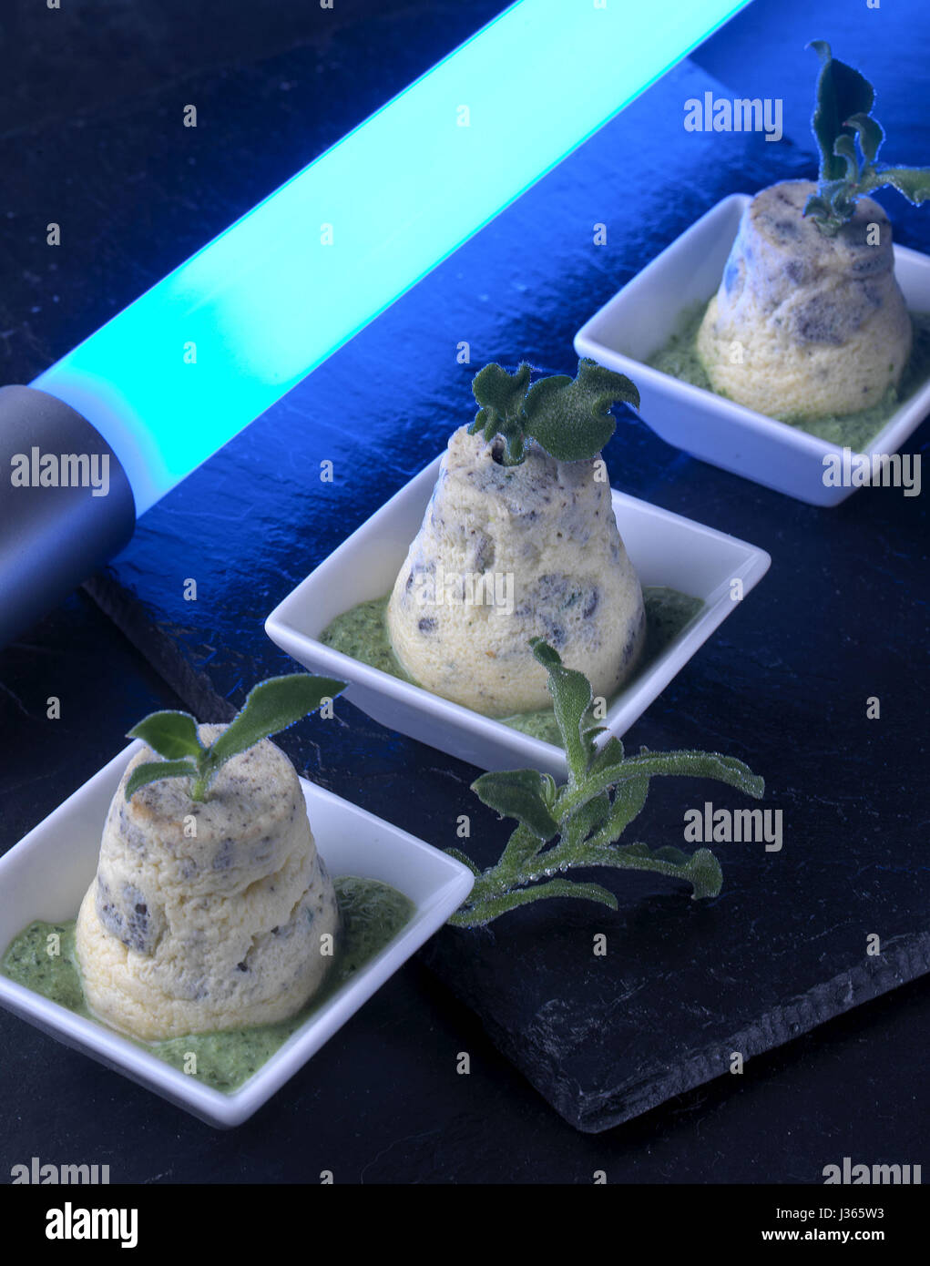 March, Totally Space theme dinner: flans with snails, parsley pesto Stock Photo