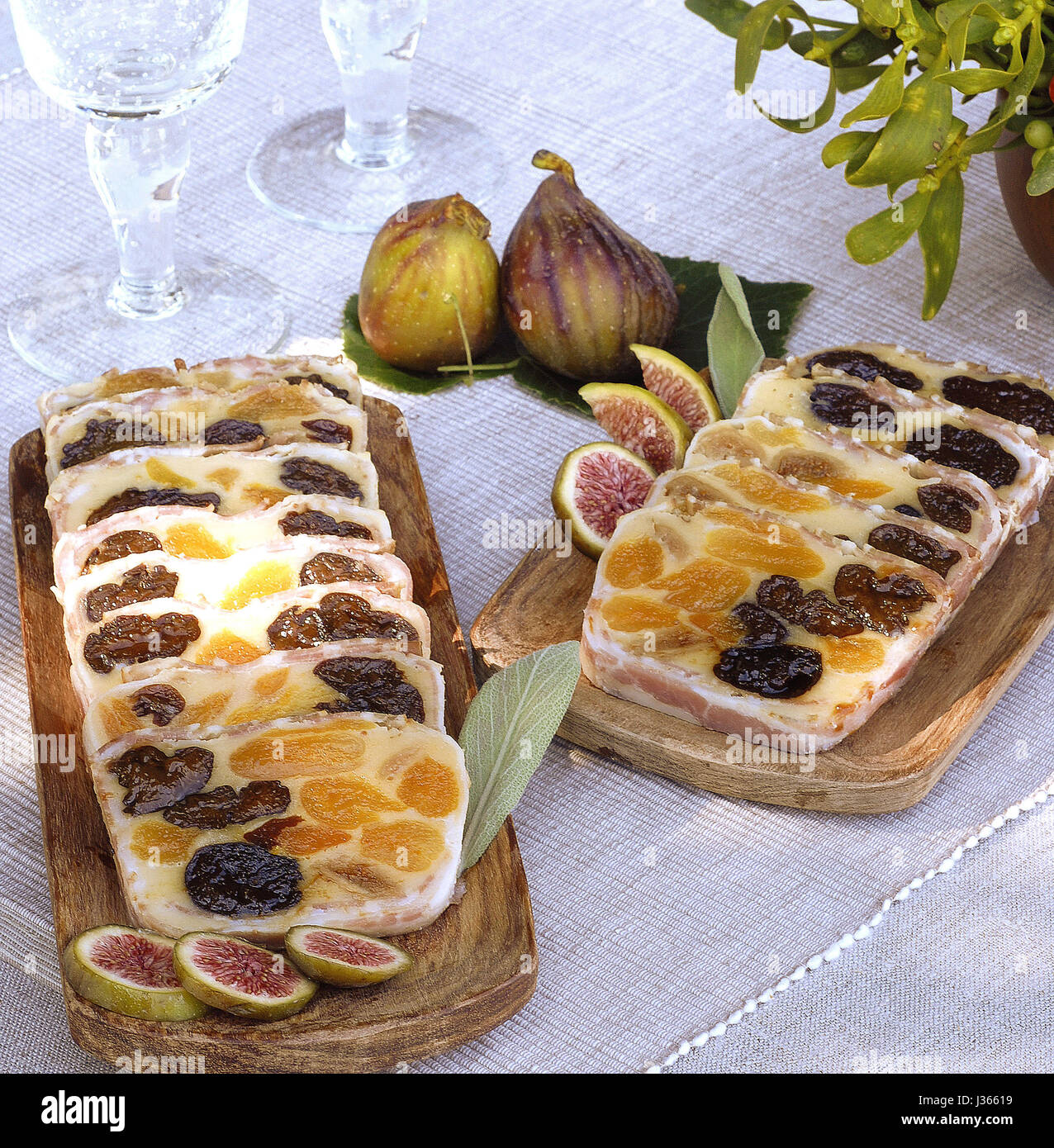 September, typical French buffet: smoked terrine with dried fruits Stock Photo