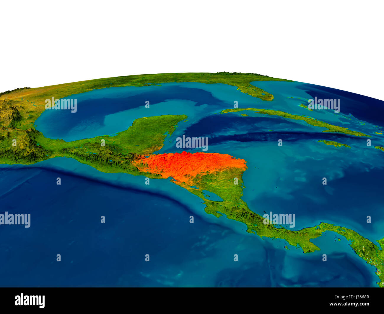 Honduras highlighted in red on detailed model of planet Earth. 3D illustration. Elements of this image furnished by NASA. Stock Photo
