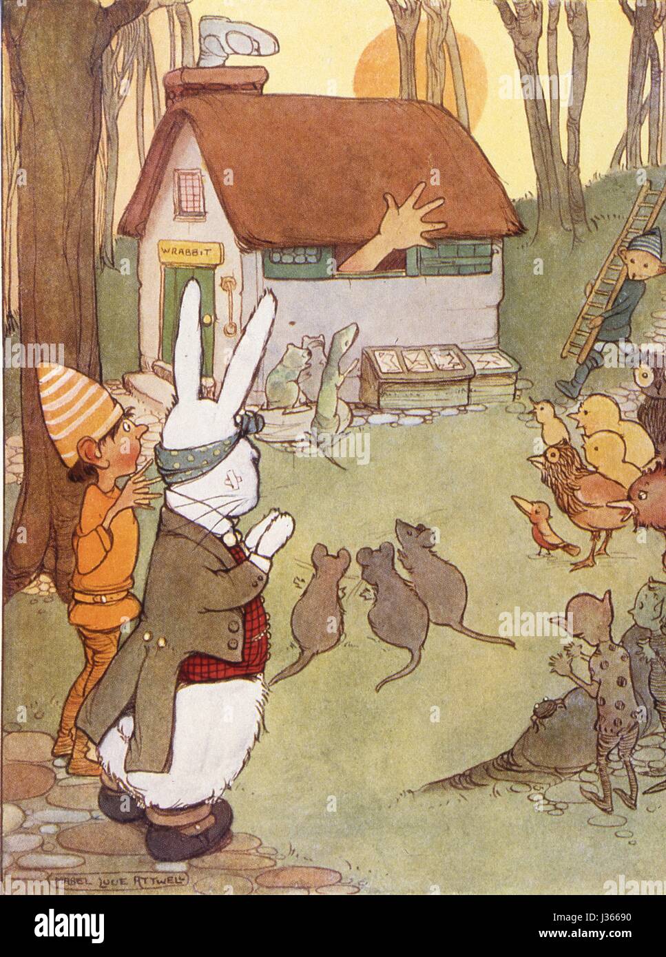 Illustration by Mabel Lucie Attwell  Alice in Wonderland, by Lewis Carroll  London, Raphael Tuck, 1910.    The White Rabbit's house. Stock Photo