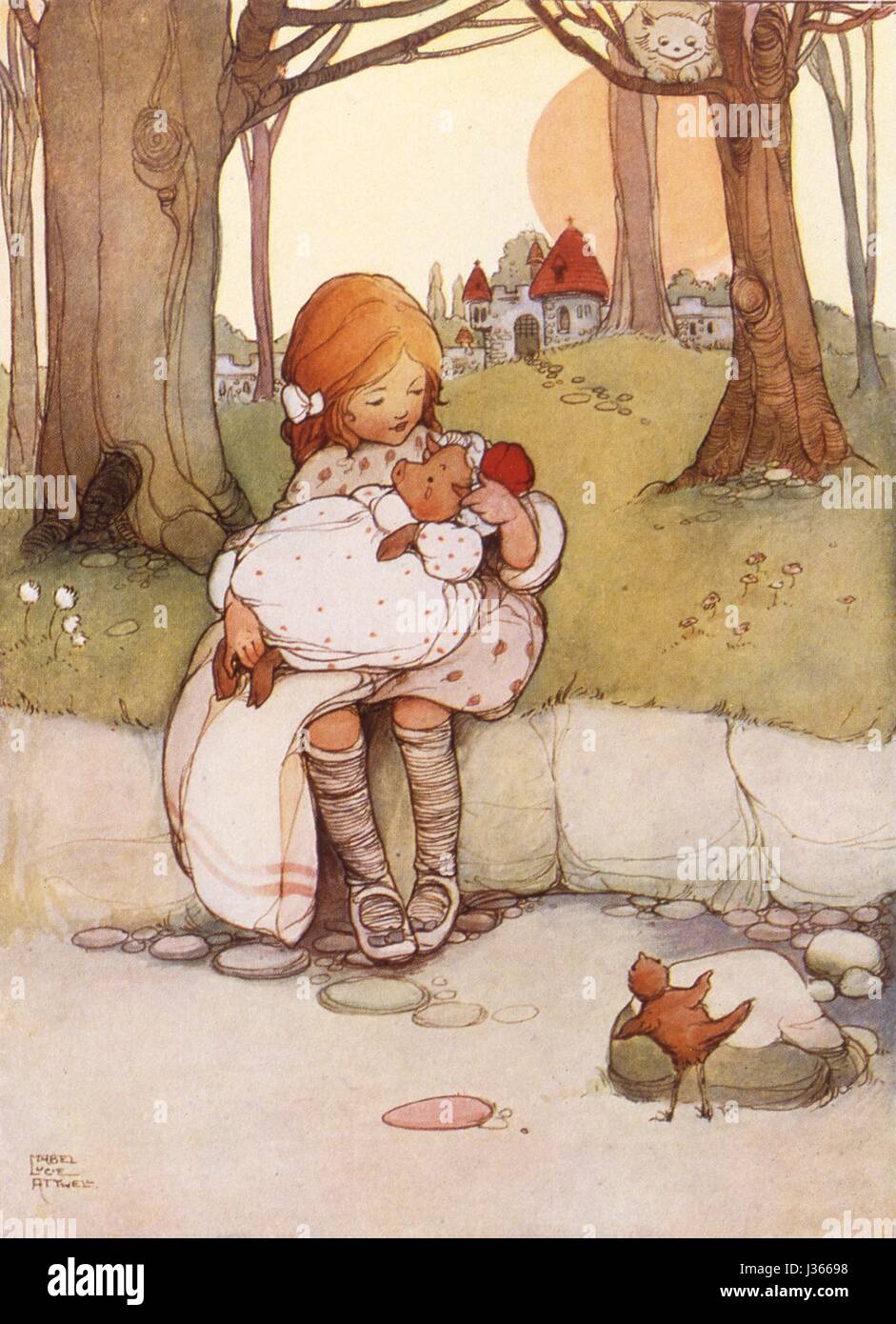 Illustration by Mabel Lucie Attwell  Alice in Wonderland, by Lewis Carroll  London, Raphael Tuck, 1910.    Alice and the baby pig. Stock Photo