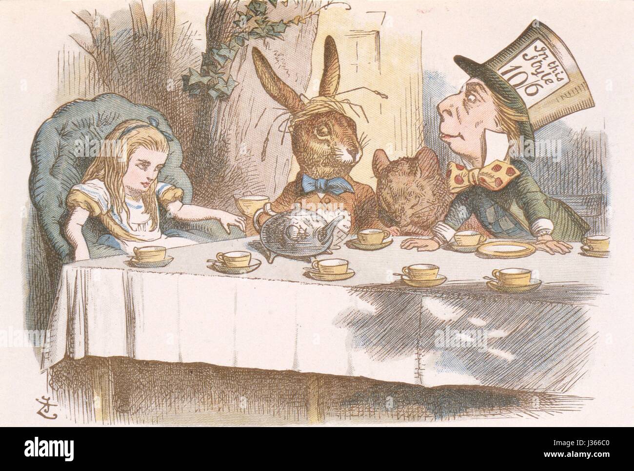 Illustration by Sir John Tenniel, watercolour by Gertrude Thomson  The Nursery Alice (Alice in Wonderland), by Lewis Carroll  London, MacMilllan, 1889.    Mad Hatter's tea party. The Nursery Alice was an abridged version of Alice in Wonderland for children aged between 0 and 5 years. Stock Photo