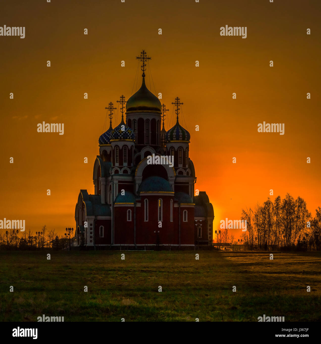 Church at sunset in the Kaluga region of Russia. Stock Photo