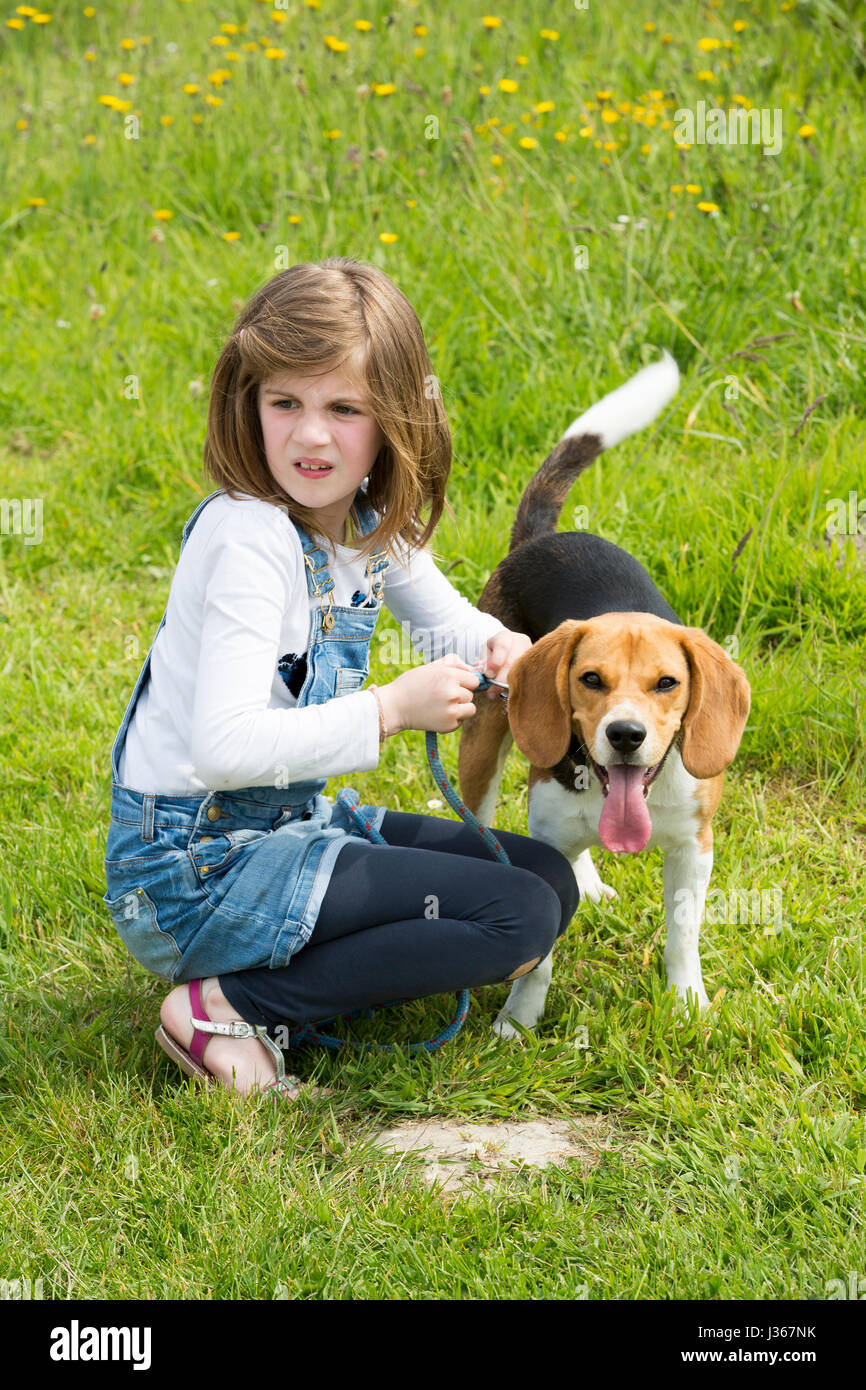A child girl on a walk with a little dog Stock Photo - Alamy