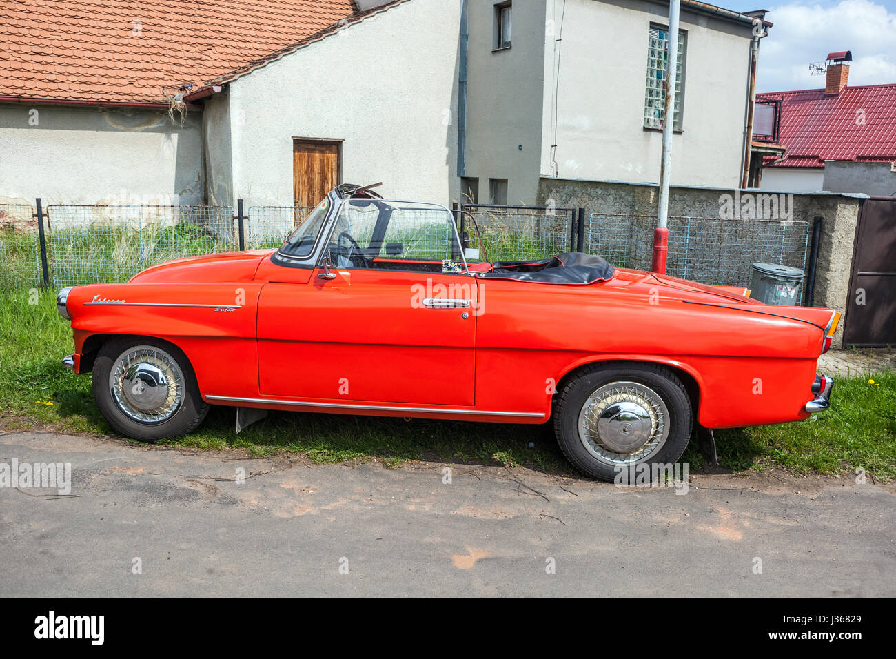 Skoda Felicia Cabrio, Red veteran car in Czech vilage, Czech Republic, Europe Czechoslovakia 1960s Stock Photo