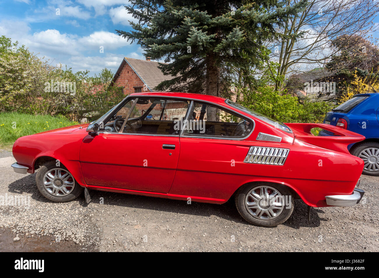 Skoda 110, Red veteran car in Czech vilage, Czech Republic, Europe Stock Photo