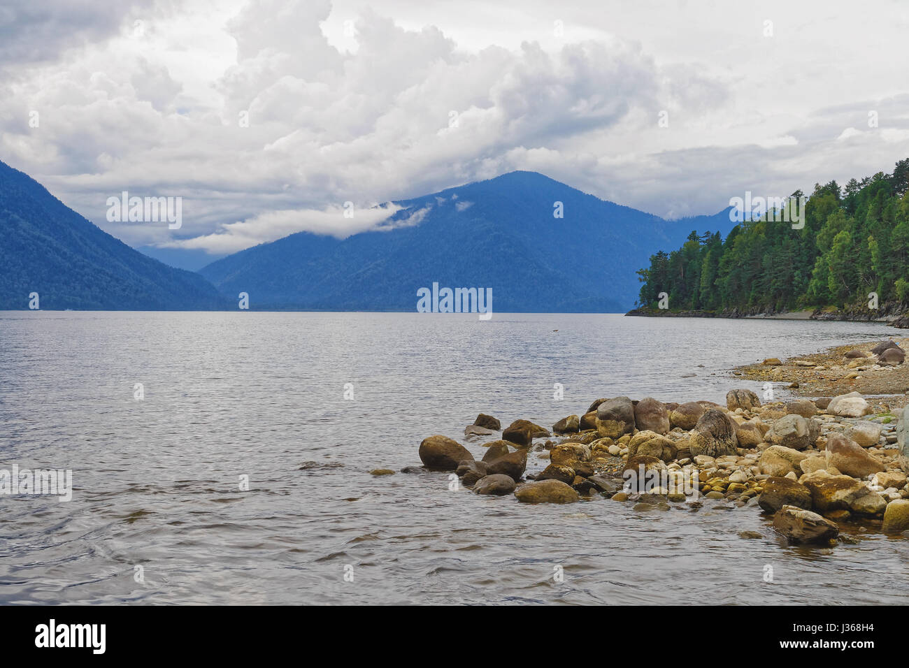 Mountain Altai, Teletskoe lake, view from the eastern shore Stock Photo