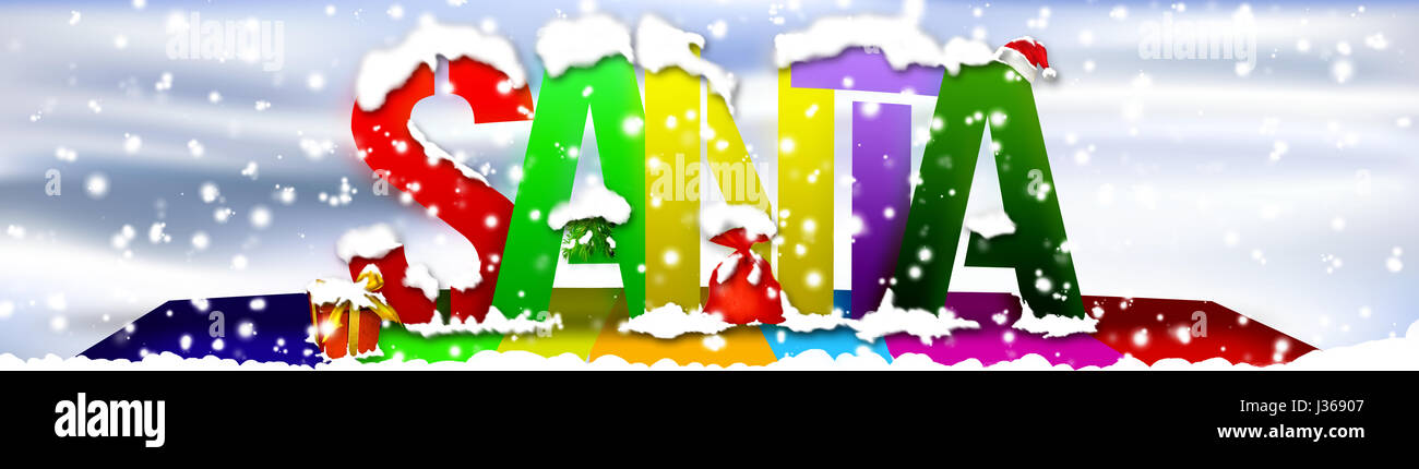 Happy colorful text of Santa Claus in a snowing christmas Stock Photo