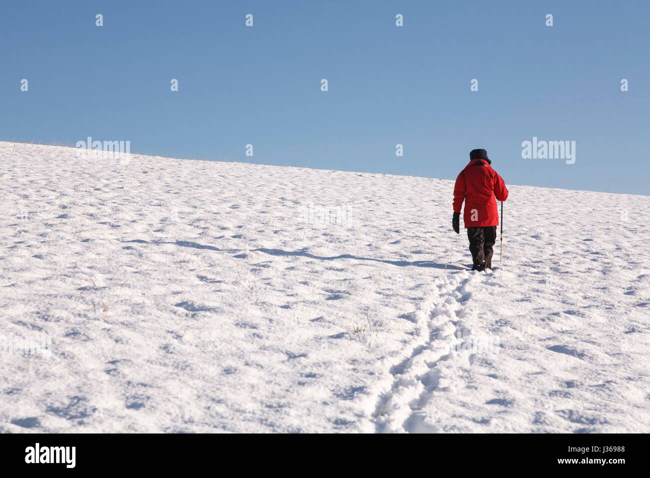 Woman walking alone up a snow covered hill in winter Stock Photo