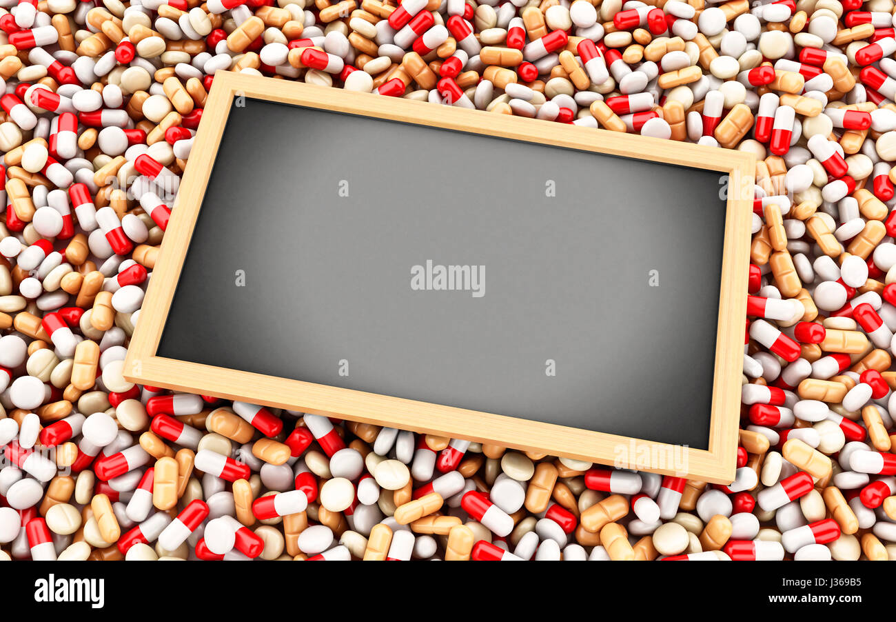 3d ilustration. Pills, capsules and empty blackboard. Healthcare concept Stock Photo Alamy