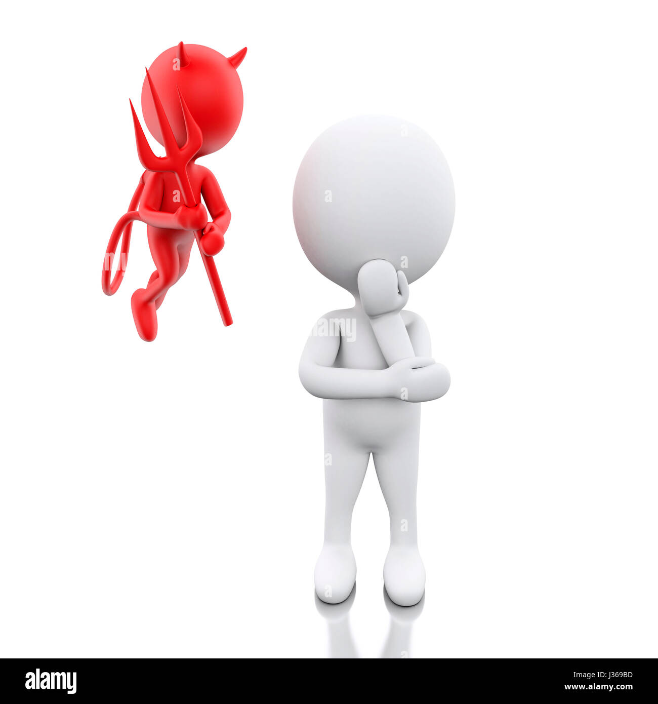 3D Illustration. White people contemplation a decision with Devil. Isolated white background. Stock Photo