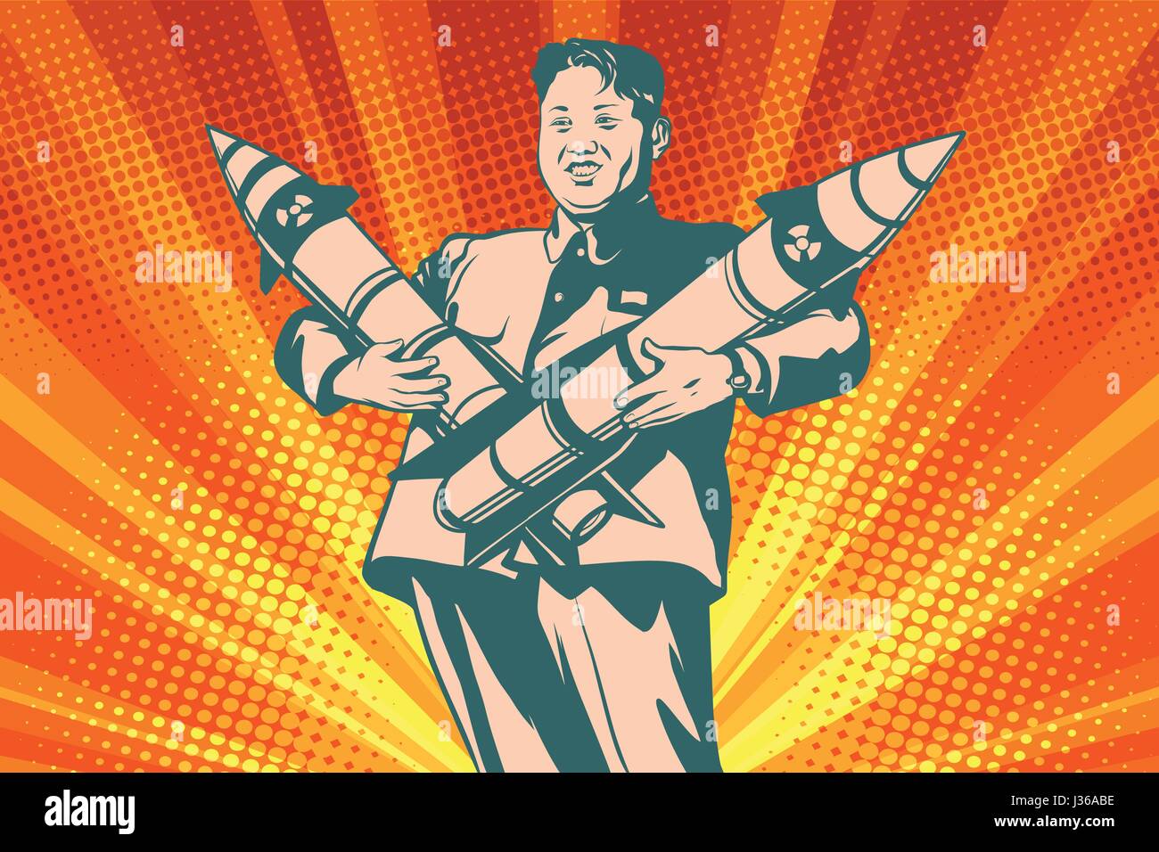 Kim Jong-UN with nuclear rocket. The Leader Of North Korea. Comic cartoon style pop art vector retro illustration Stock Vector