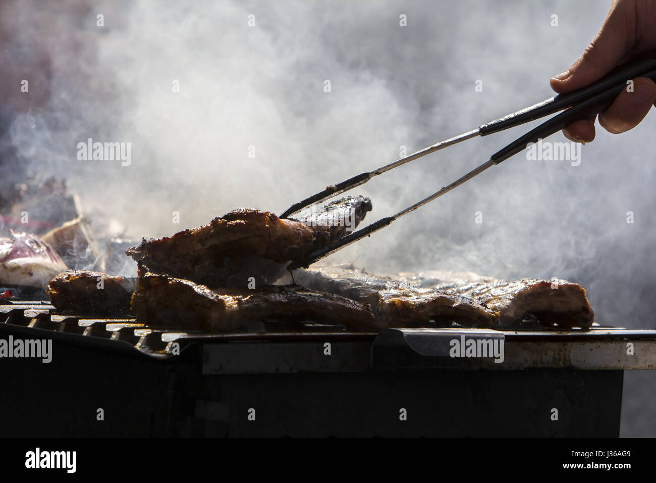 Grilled pork ribs on the grill Stock Photo