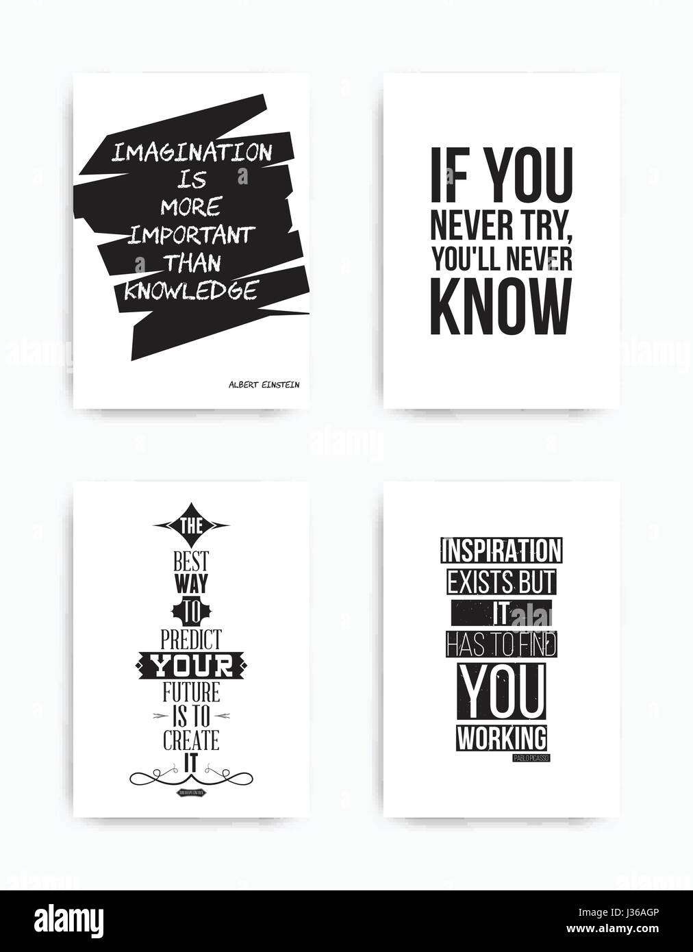 A set of four motivational posters with popular quotes black and white