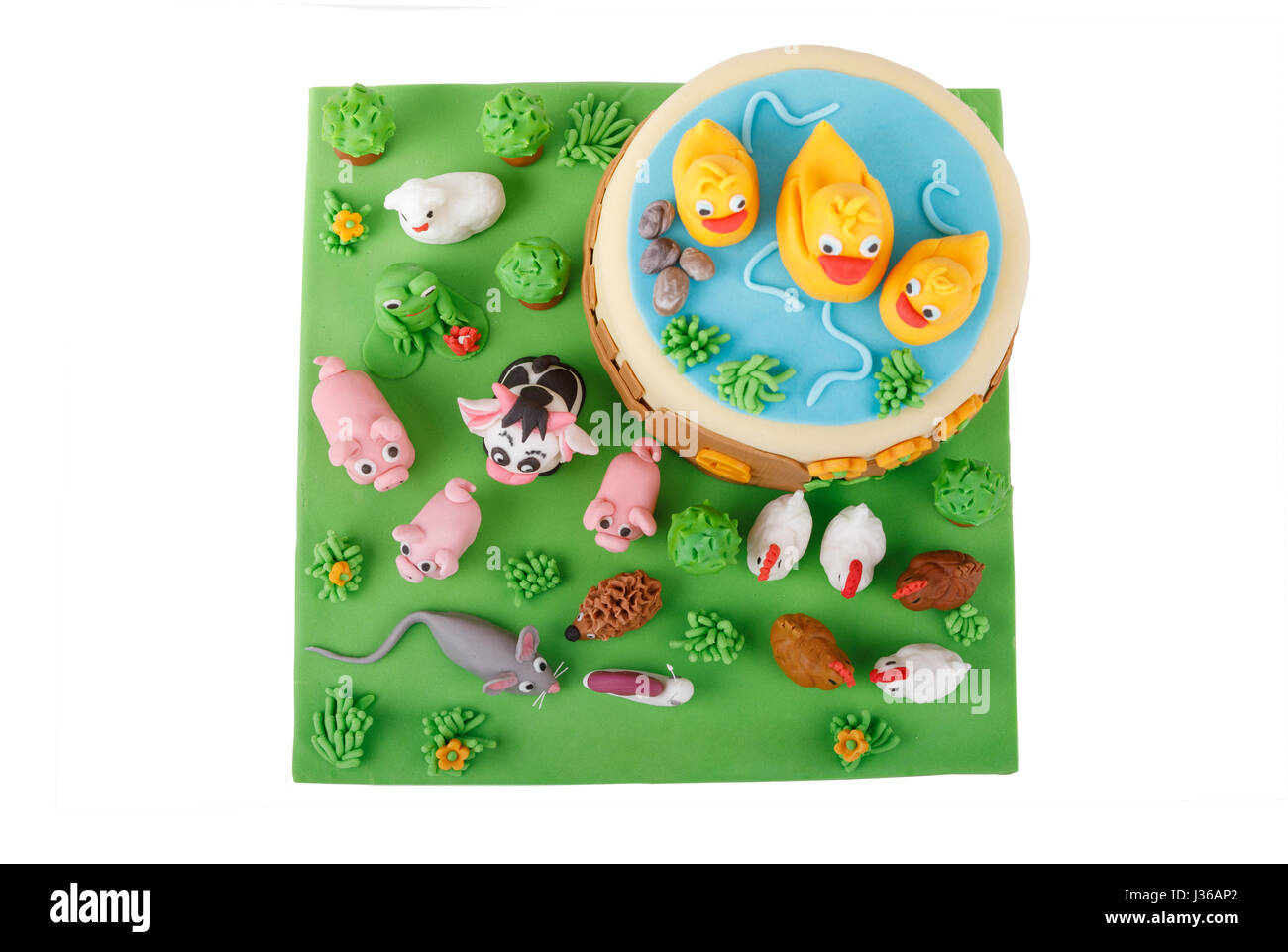 Birthday Cake With Farm Marzipan Animals And Number 3 Isolated On White Background Stock Photo Alamy