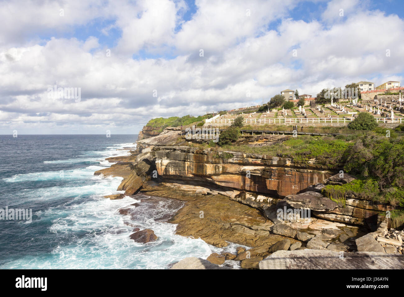 The New South Wales coastline with Waverley cemetery on the cliff, Bronte, Sydney, Australia Stock Photo