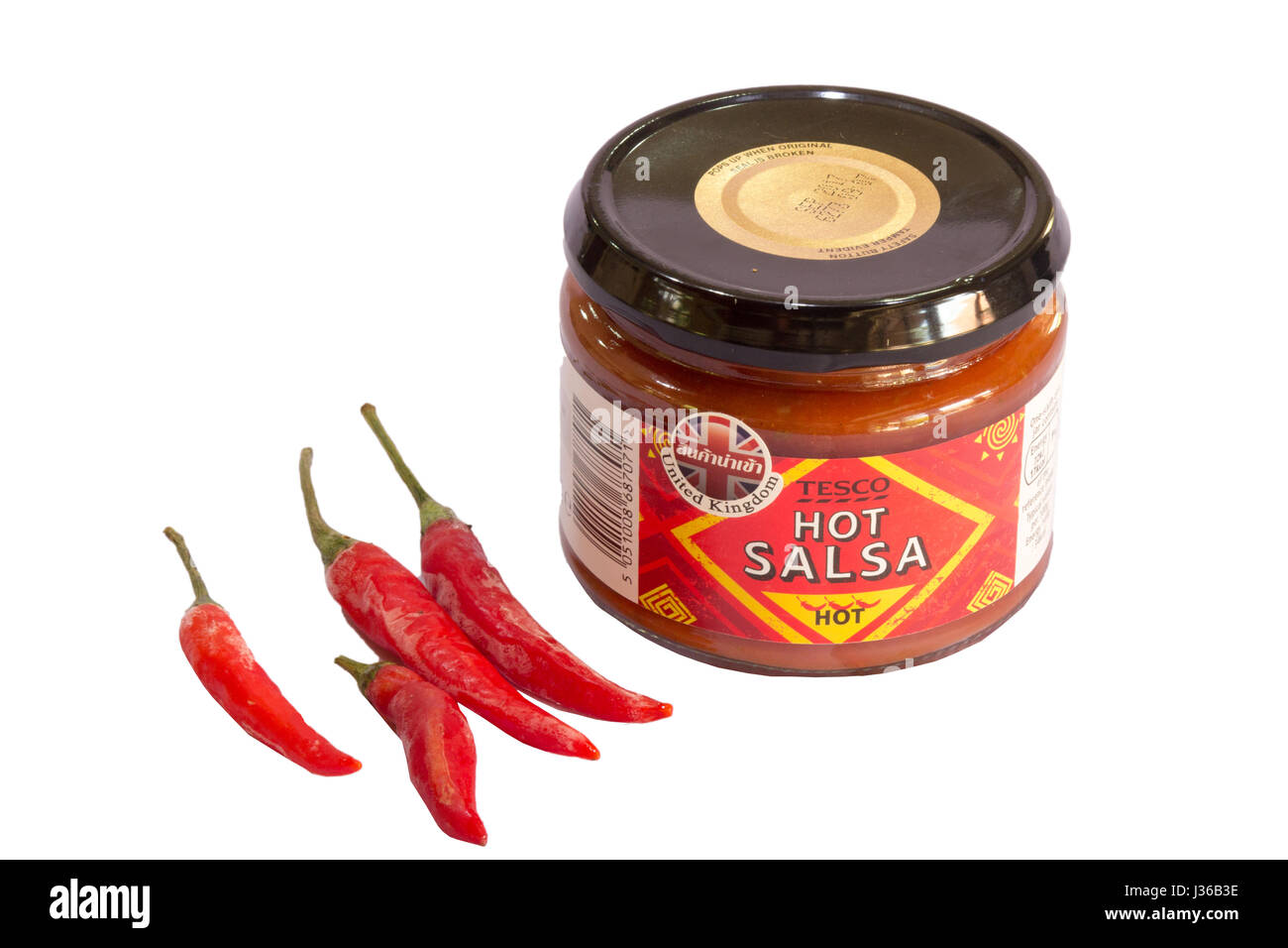 Tesco hot salsa in a jar with red, hot chillies Stock Photo
