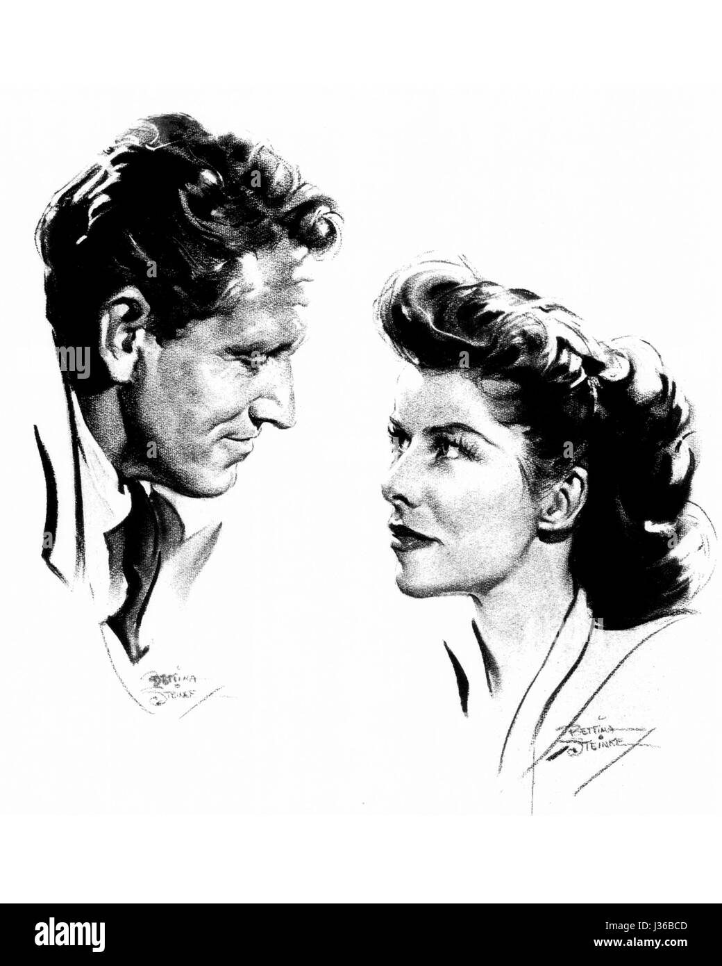 Spencer Tracy, Katharine Hepburn  Charcoal drawing by Bettina Steinke.  It is forbidden to reproduce the photograph out of context of the promotion of the film. It must be credited to the Film Company and/or the photographer assigned by or authorized by/allowed on the set by the Film Company. Restricted to Editorial Use. Photo12 does not grant publicity rights of the persons represented. Stock Photo