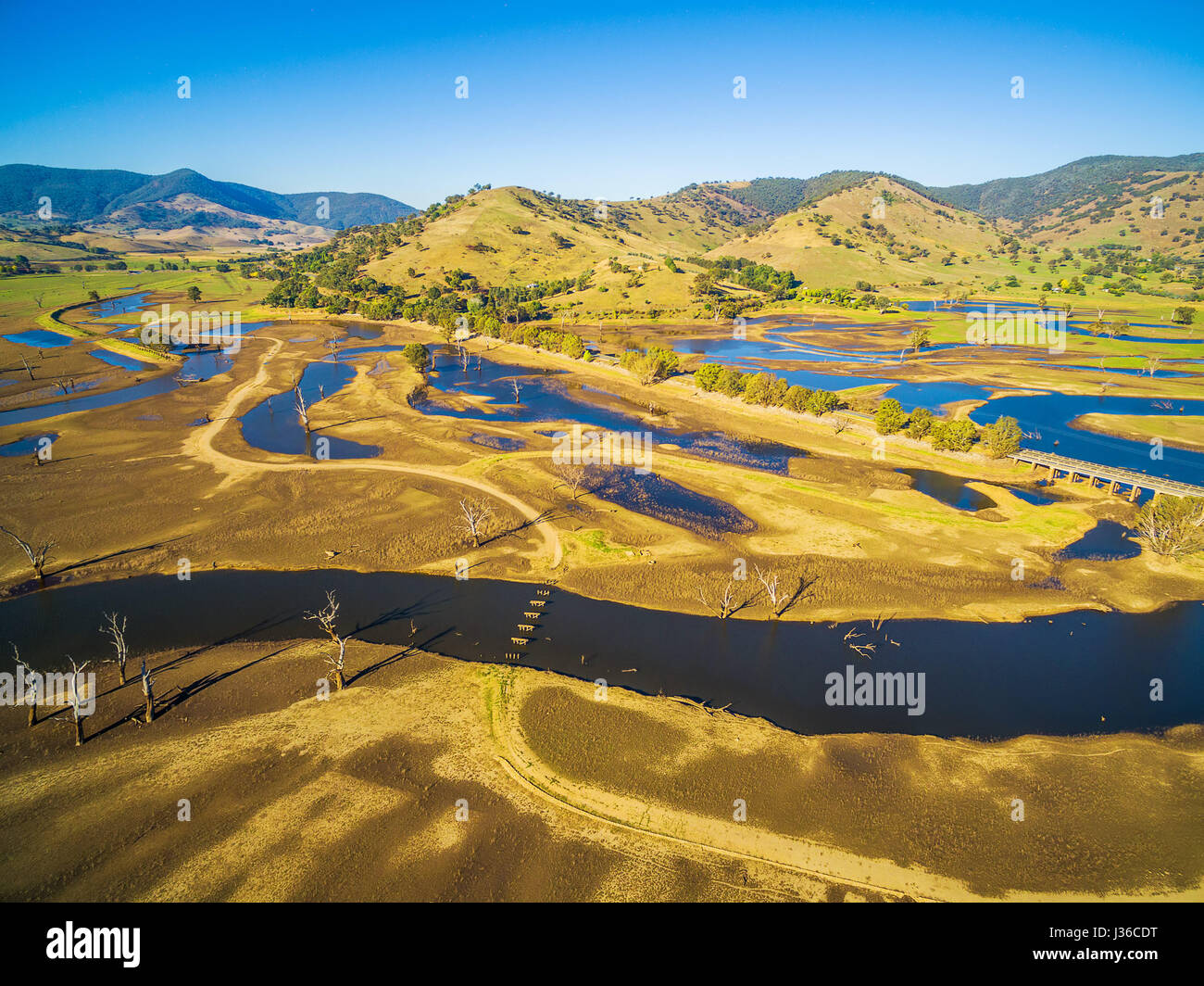 Aerial view of Lake Hume and Murray Valley Highway near Tallangatta