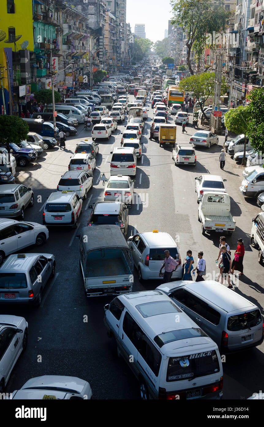 Traffic congestion in central Yangon, Myanmar Stock Photo