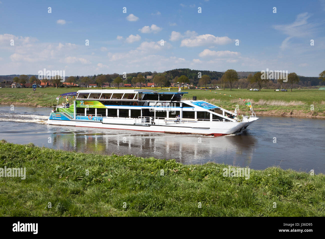 Boat trip on the River Weser near Oberweser, between Gewissenruh, Wahmbeck, Weser Uplands, Weserbergland, Reinhardswald, Solling, Hesse or Lower Saxon Stock Photo
