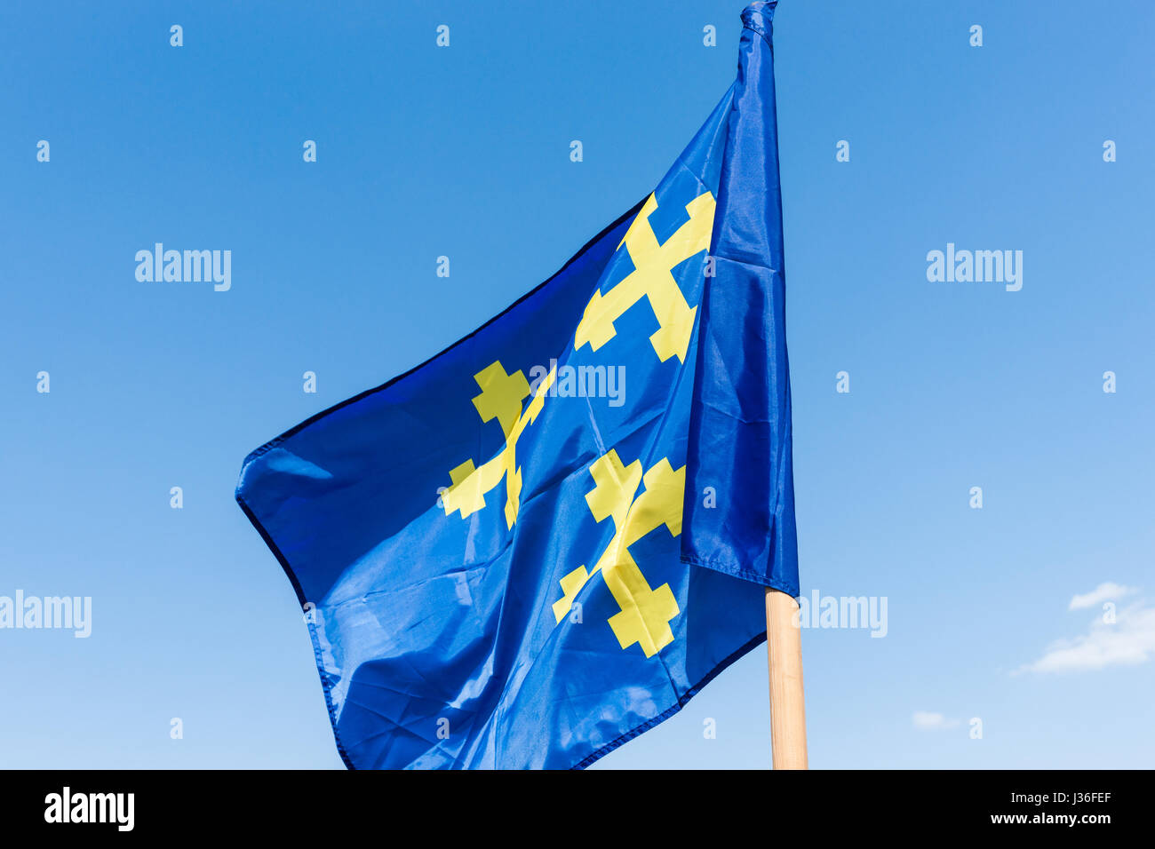 Knightly heraldic flag of blue and yellow colors with three yellow