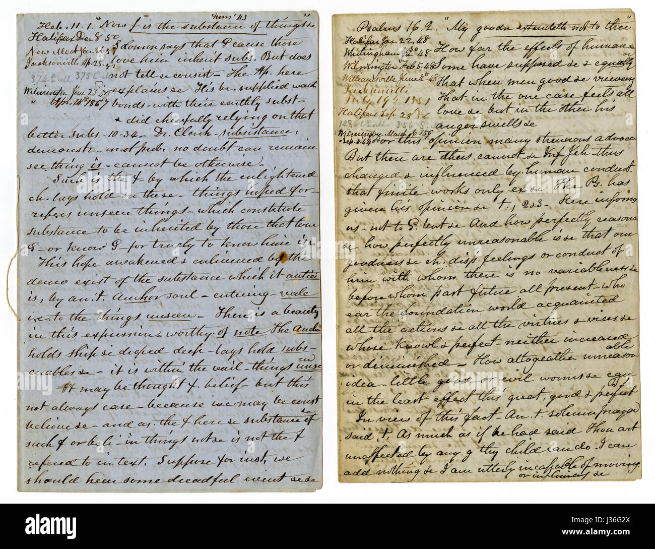 Antique c1860 hand written sermon from a traveling preacher. The one on the left draws from Hebrews 11:1 'Now faith is the substance of things hoped for, the evidence of things not seen.' The one on the right draws from Psalms 16:2 'Then they took him and brought him to a meeting of the Areopagus, where they said to him, 'O my soul, thou hast said unto the Lord, Thou art my Lord: my goodness extendeth not to thee;' The upper left corner on each lists a group of towns (up & down east coast of United States to Halifax, Canada) where the sermon was read in the 1850s and 1860s. Stock Photo