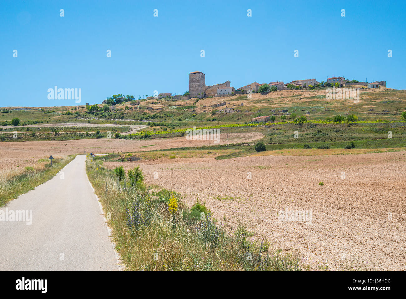 Side road and overview of the medieval village. Haza, Burgos province, Castilla Leon, Spain. Stock Photo