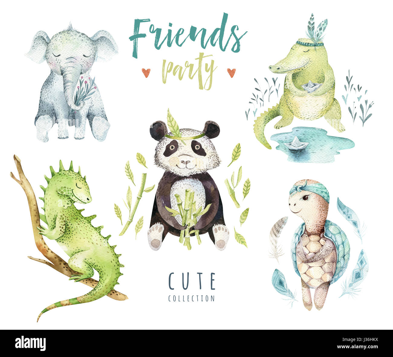 Baby animals nursery isolated illustration for children. Watercolor boho tropical drawing, child punda, crocodile, tropic elephant, iguana and turtle. Stock Photo