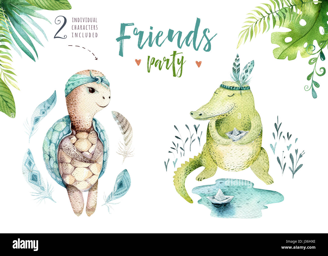 Baby animals nursery isolated illustration for children. Watercolor boho tropical drawing, child cute tropic turtle and crocodile. Baby shower alligator Stock Photo